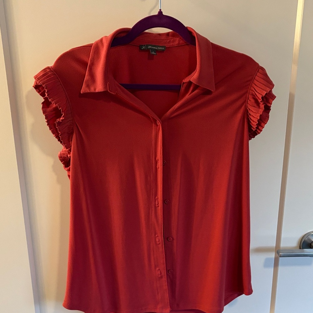 Adrianna Papell Red Button Down Shirt with Ruffled Sleeves